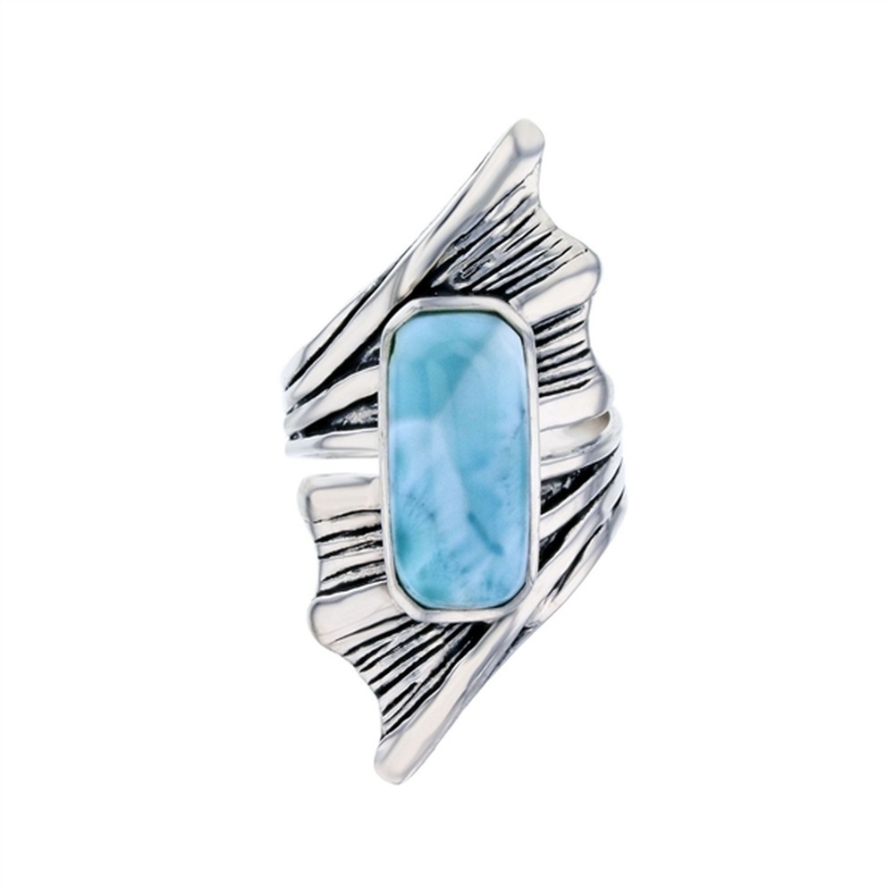 925 Sterling Silver Larimar Rectangular Shape on Textured Crossover Ring